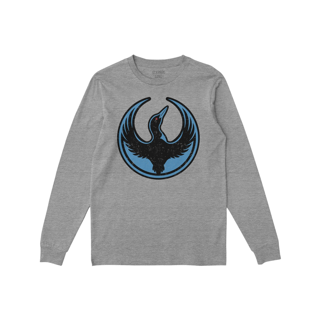 Heather-gray long-sleeve T-shirt with a Minnesota Rebel Alliance circular graphic featuring a stylized black loon on the ches