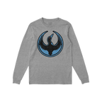 Heather-gray long-sleeve T-shirt with a Minnesota Rebel Alliance circular graphic featuring a stylized black loon on the ches