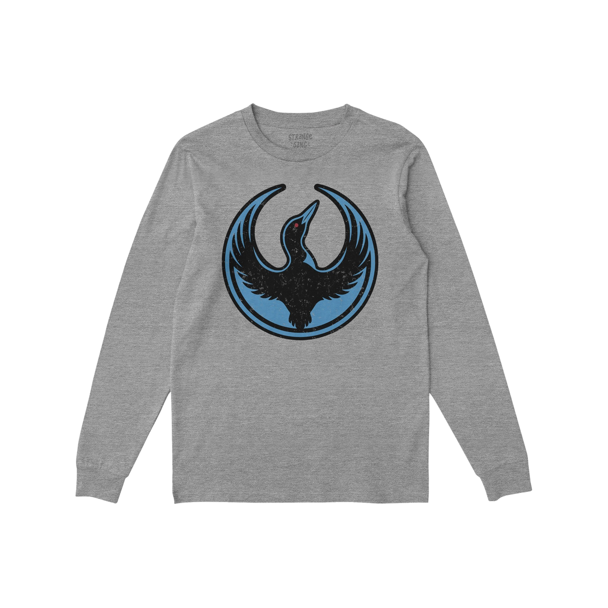 Heather-gray long-sleeve T-shirt with a Minnesota Rebel Alliance circular graphic featuring a stylized black loon on the ches