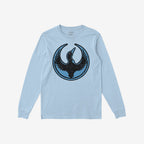 Minnesota Rebel Alliance T-shirt in light blue featuring a stylized black loon emblem on the chest, symbolizing bold resistance. A versatile long-sleeve fit for everyday wear or protest.