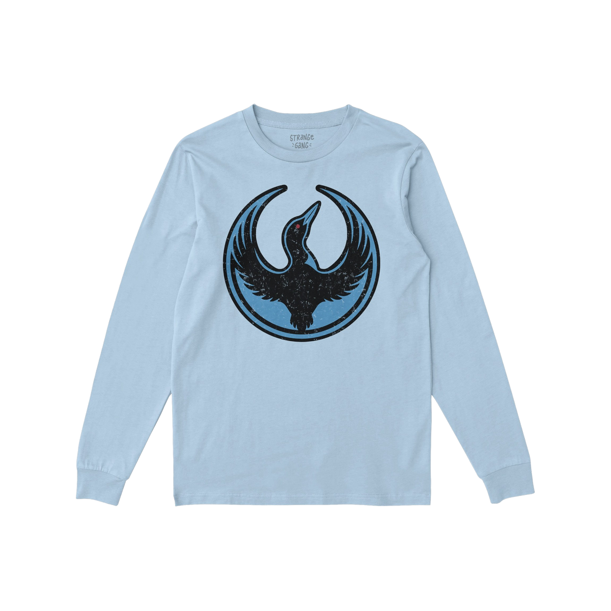 Minnesota Rebel Alliance T-shirt in light blue featuring a stylized black loon emblem on the chest, symbolizing bold resistan