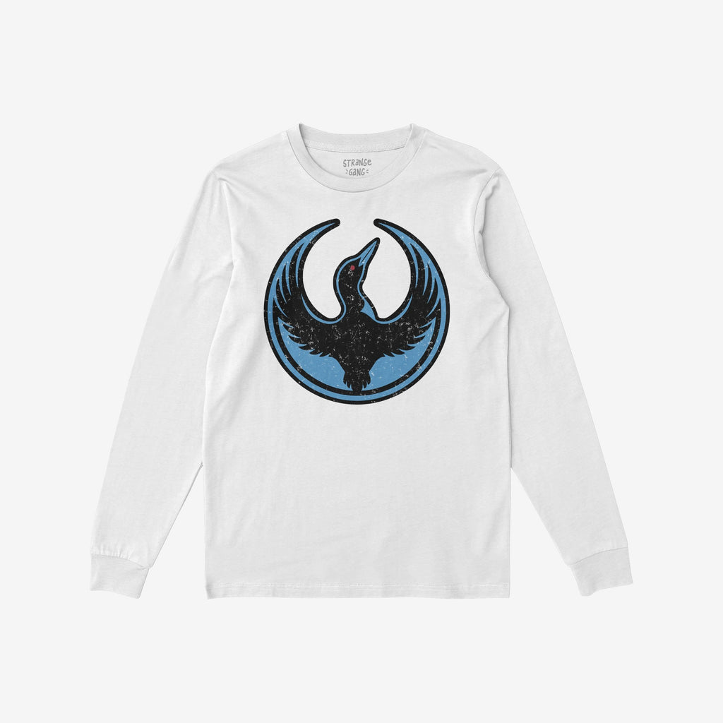 The Minnesota Rebel Alliance T-shirt features a loon graphic with outstretched wings on a long-sleeve white shirt, embodying a bold statement of defiance and equality.