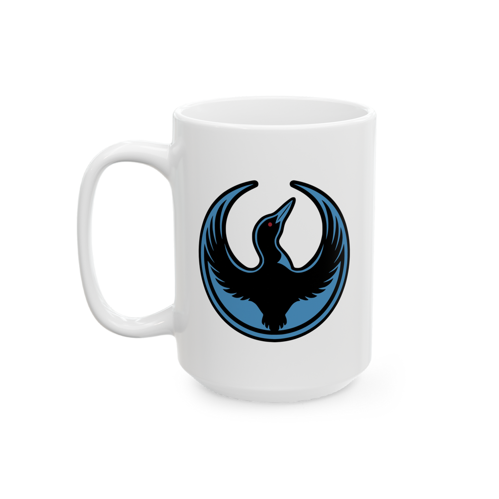 Minnesota Rebel Alliance Mug featuring a black bird with a red eye in a blue circle, symbolizing resistance and solidarity, p