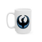 Minnesota Rebel Alliance Mug featuring a black bird with a red eye in a blue circle, symbolizing resistance and solidarity, p
