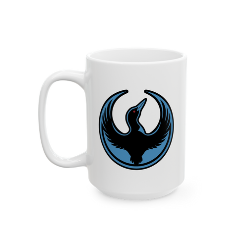 Minnesota Rebel Alliance Mug featuring a black bird with a red eye in a blue circle, symbolizing resistance and solidarity, p