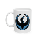 Minnesota Rebel Alliance Mug featuring a stylized bird silhouette with blue accents and red eye, symbolizing resistance and u