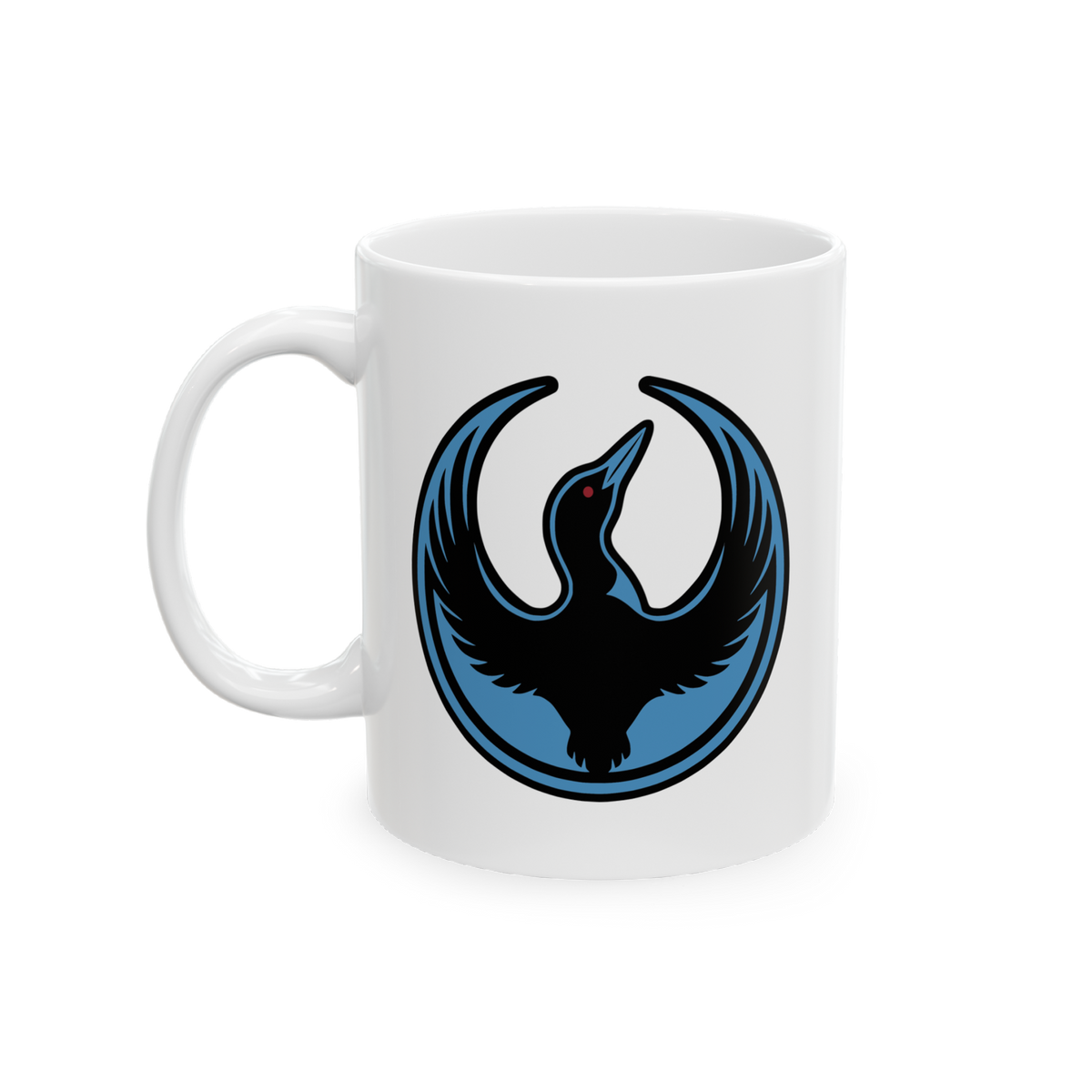 Minnesota Rebel Alliance Mug featuring a stylized bird silhouette with blue accents and red eye, symbolizing resistance and u