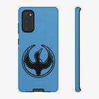 Minnesota Rebel Alliance Samsung Tough Phone Case featuring a black waterbird silhouette with outstretched wings and red eye, encircled on a blue case, designed for Samsung Galaxy S20-S25.