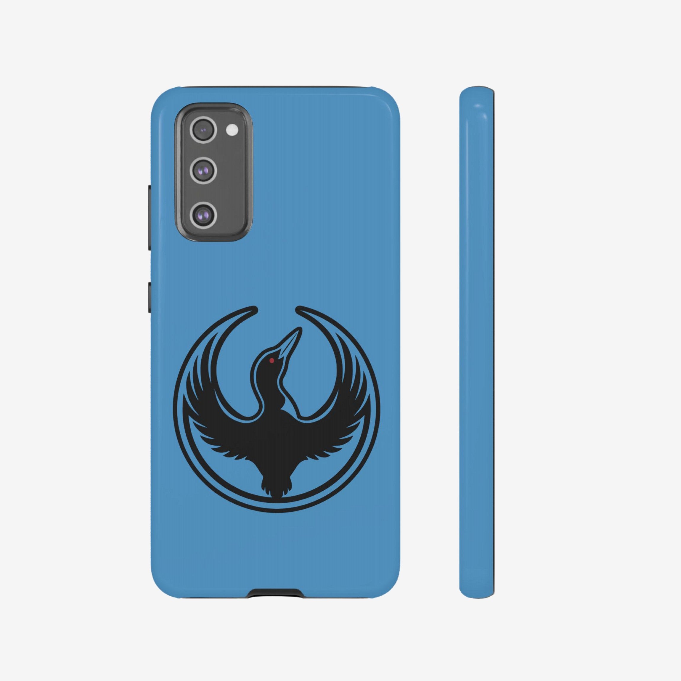 Minnesota Rebel Alliance Samsung Tough Phone Case, showcasing a sleek design with a black loon emblem, fits S20-S25 models, emphasizing protection and supporting equality. Features a camera cut-out and wireless charging compatibility.