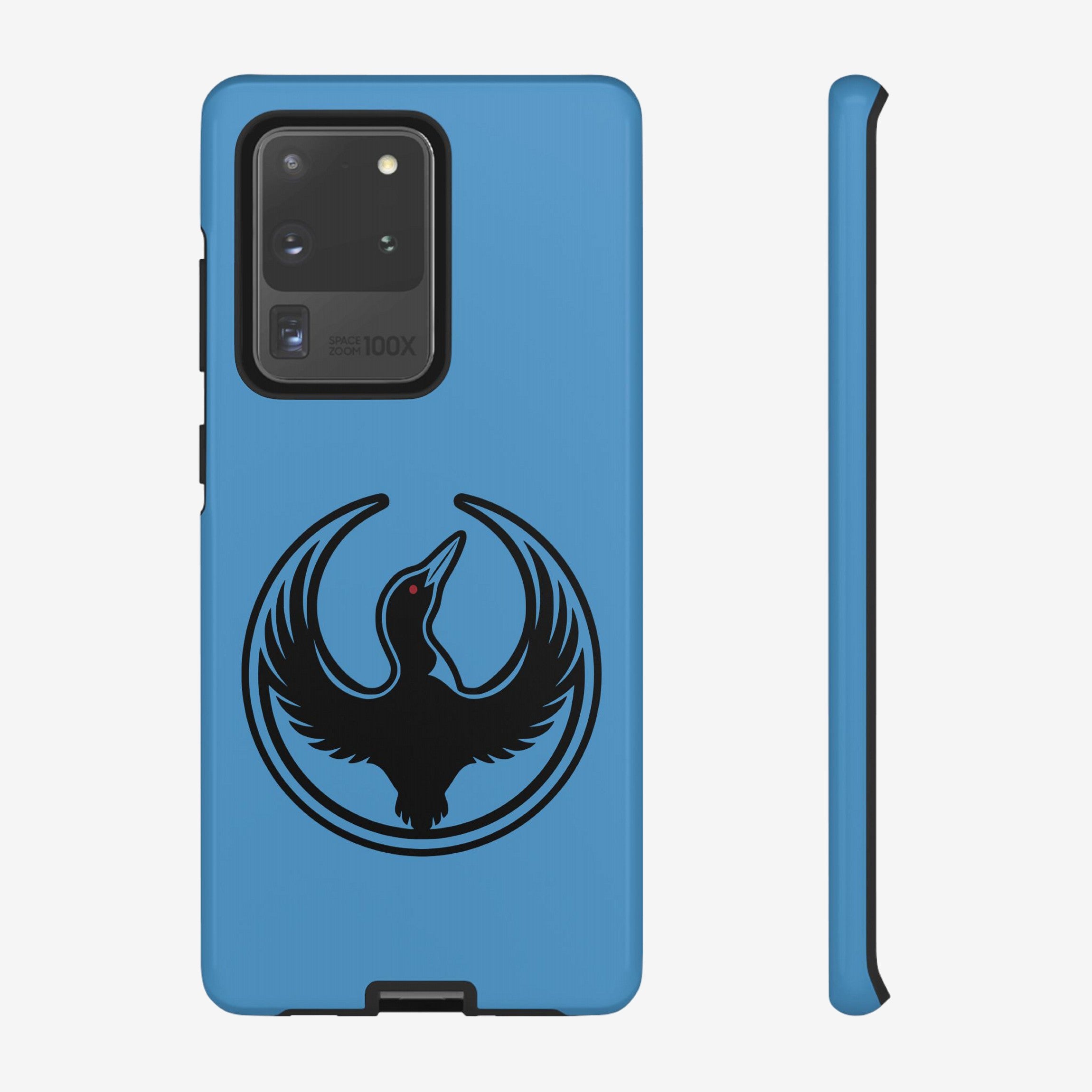 Minnesota Rebel Alliance Samsung Tough Phone Case featuring a bold bird silhouette with a red eye inside a circle, designed for Samsung Galaxy S20-S25, symbolizing resistance and equality.