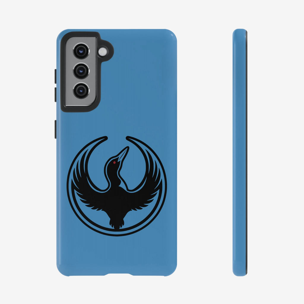 Minnesota Rebel Alliance Samsung Tough Phone Case: Light-blue shell with black loon design, triple-lens cutout; supports wireless charging for S20-S25, embodying resistance and equality.