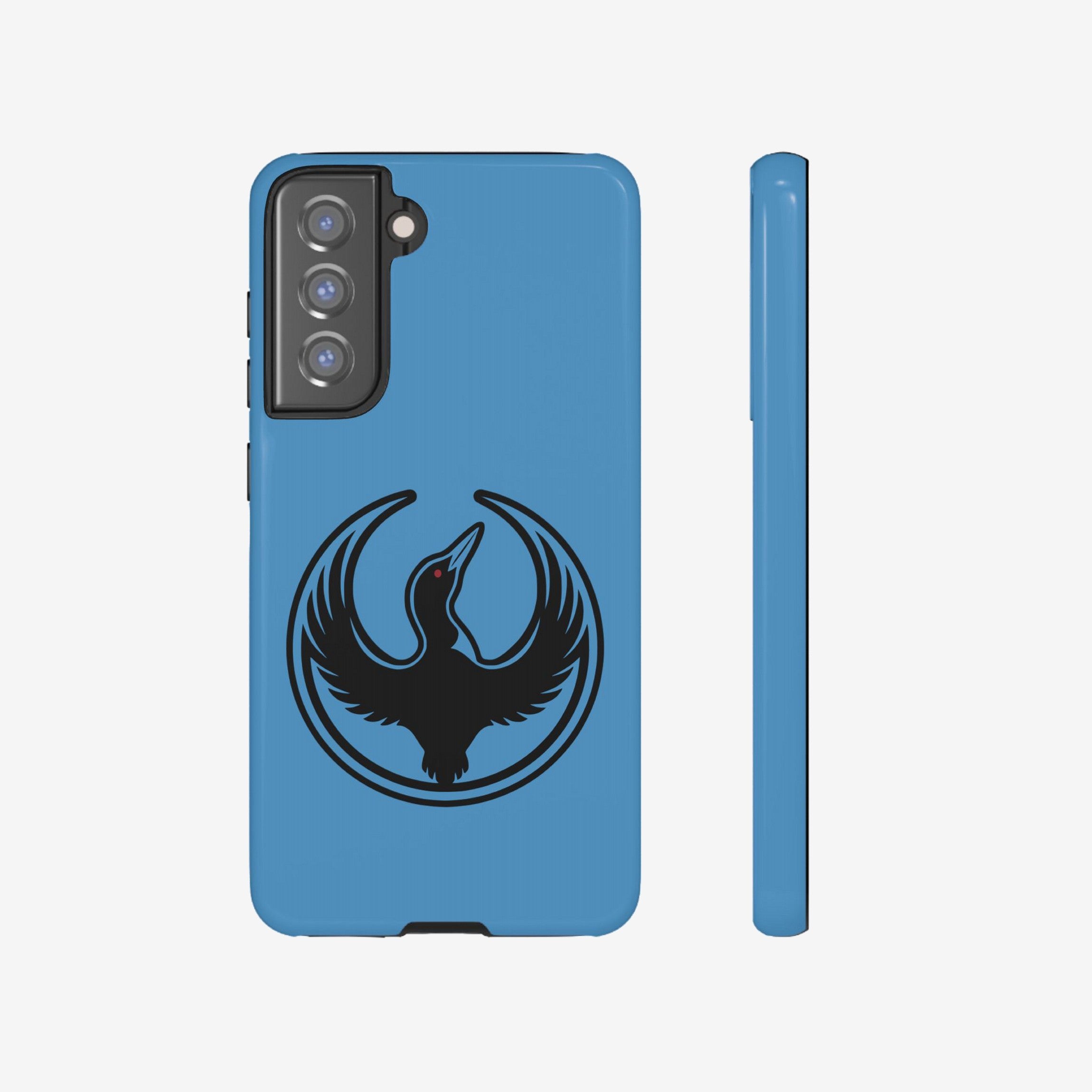 Minnesota Rebel Alliance Samsung Tough Phone Case, featuring a stylized black loon with a red eye on the back, designed for S20-S25. Offers robust protection and supports wireless charging.