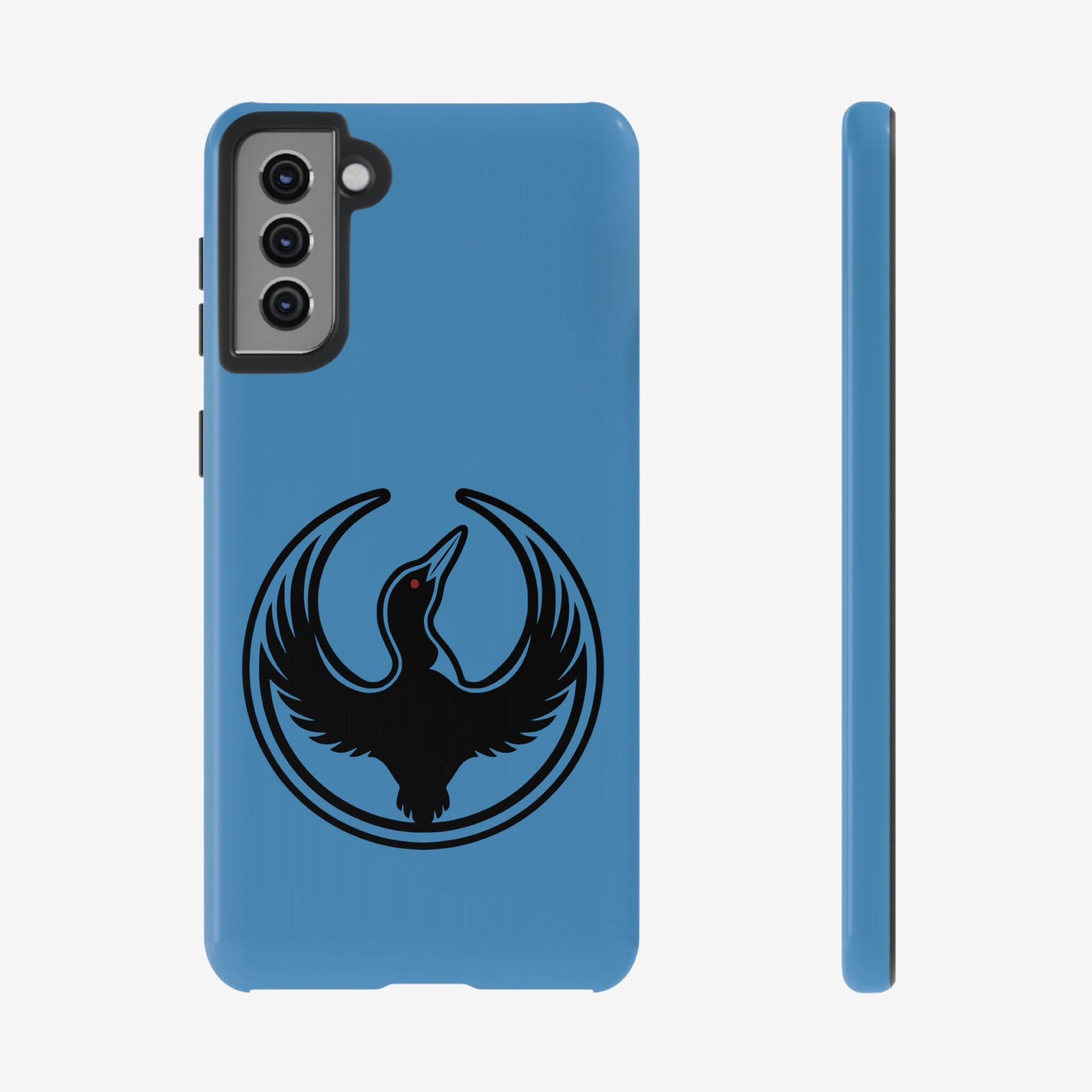 Minnesota Rebel Alliance Samsung Tough Phone Case showcasing a black loon emblem with outstretched wings on a medium-blue background, designed for Samsung Galaxy S20-S25 models, emphasizing durability and bold symbolism.