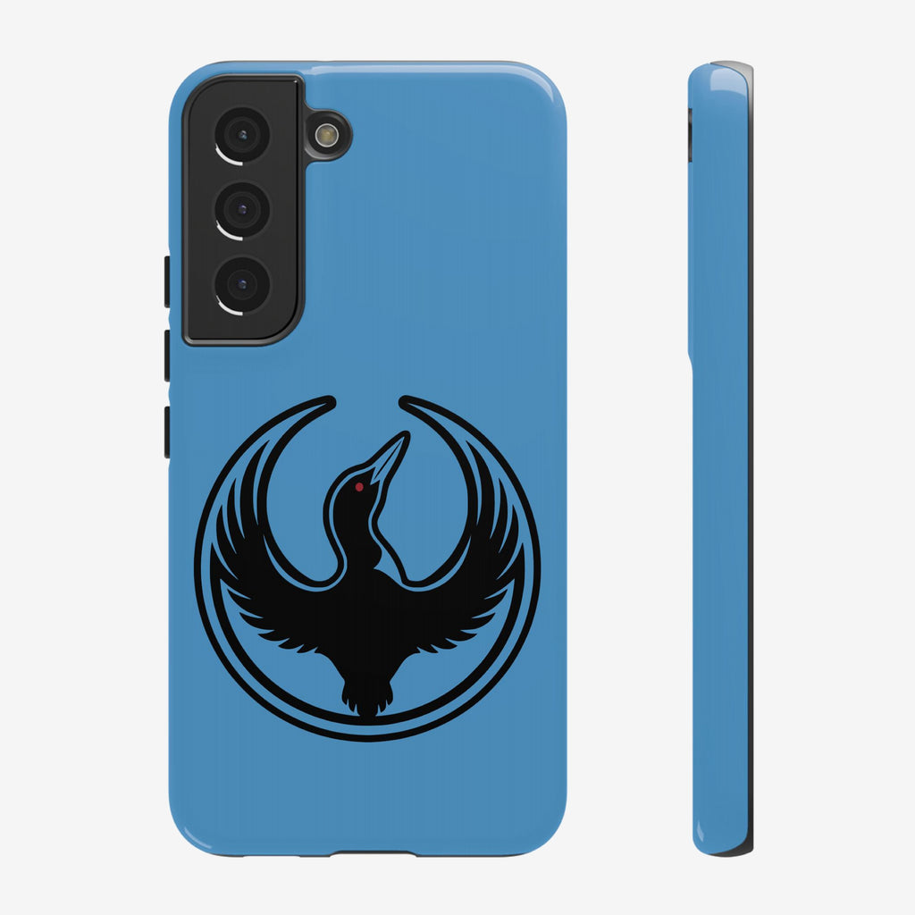 Minnesota Rebel Alliance Samsung Tough Phone Case featuring a sky-blue design with a stylized black loon silhouette, red eye, and multi-layer protection for Samsung S20-S25, symbolizing resistance and equality.