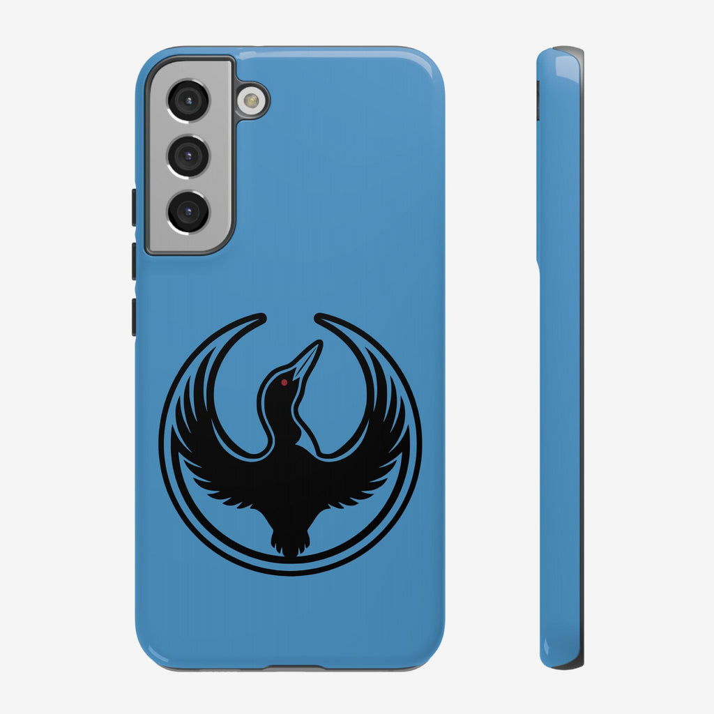 Minnesota Rebel Alliance Samsung Tough Phone Case displaying a stylized loon symbol with outspread wings and a red eye, designed for Samsung S20-S25, offers robust protection and supports wireless charging.