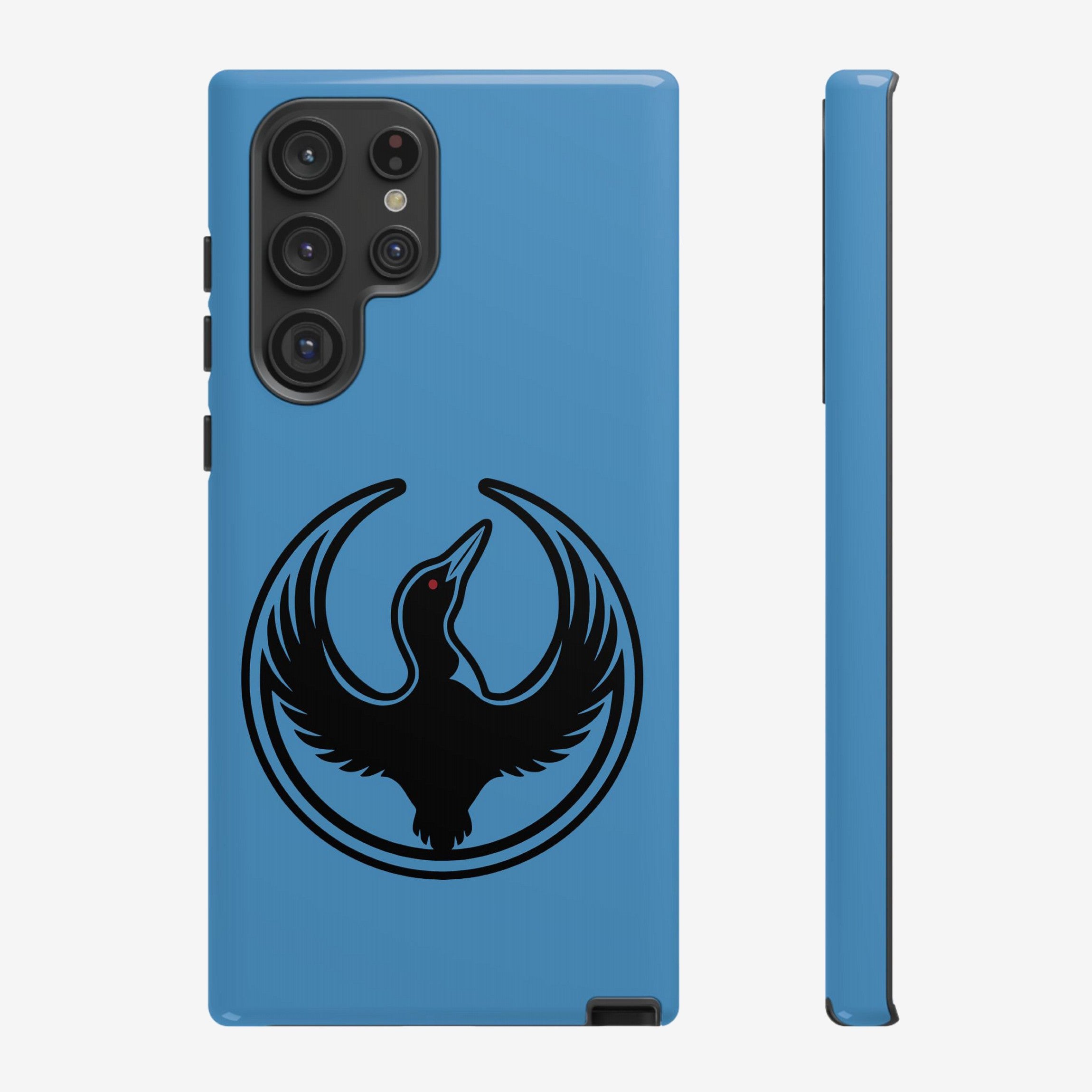 Minnesota Rebel Alliance Samsung Tough Phone Case features a stylized loon emblem, supporting multi-lens cameras. Designed for durability and equality advocacy, fitting Samsung S20-S25 models with wireless charging support.
