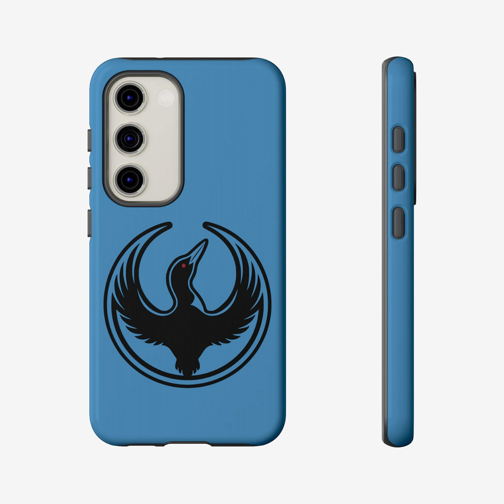 Minnesota Rebel Alliance Samsung Tough Phone Case featuring a stylized black loon emblem with upraised wings, visible rear camera cut-outs, and side button access, symbolizing resistance and equality.