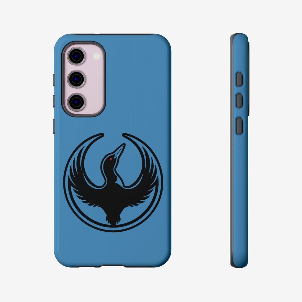 Minnesota Rebel Alliance Samsung Tough Phone Case, showing front and side views; matte blue finish with a loon graphic, three camera lens cut-outs, and tactile button covers, designed for Samsung Galaxy models S20-S25.