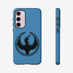 Minnesota Rebel Alliance Samsung Tough Phone Case, showing front and side views; matte blue finish with a loon graphic, three camera lens cut-outs, and tactile button covers, designed for Samsung Galaxy models S20-S25.