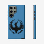 Minnesota Rebel Alliance Samsung Tough Phone Case with a black loon graphic, symbolizing resistance, on sky-blue. Features precise cutouts for camera and buttons, fitting Galaxy S20-S25 models.