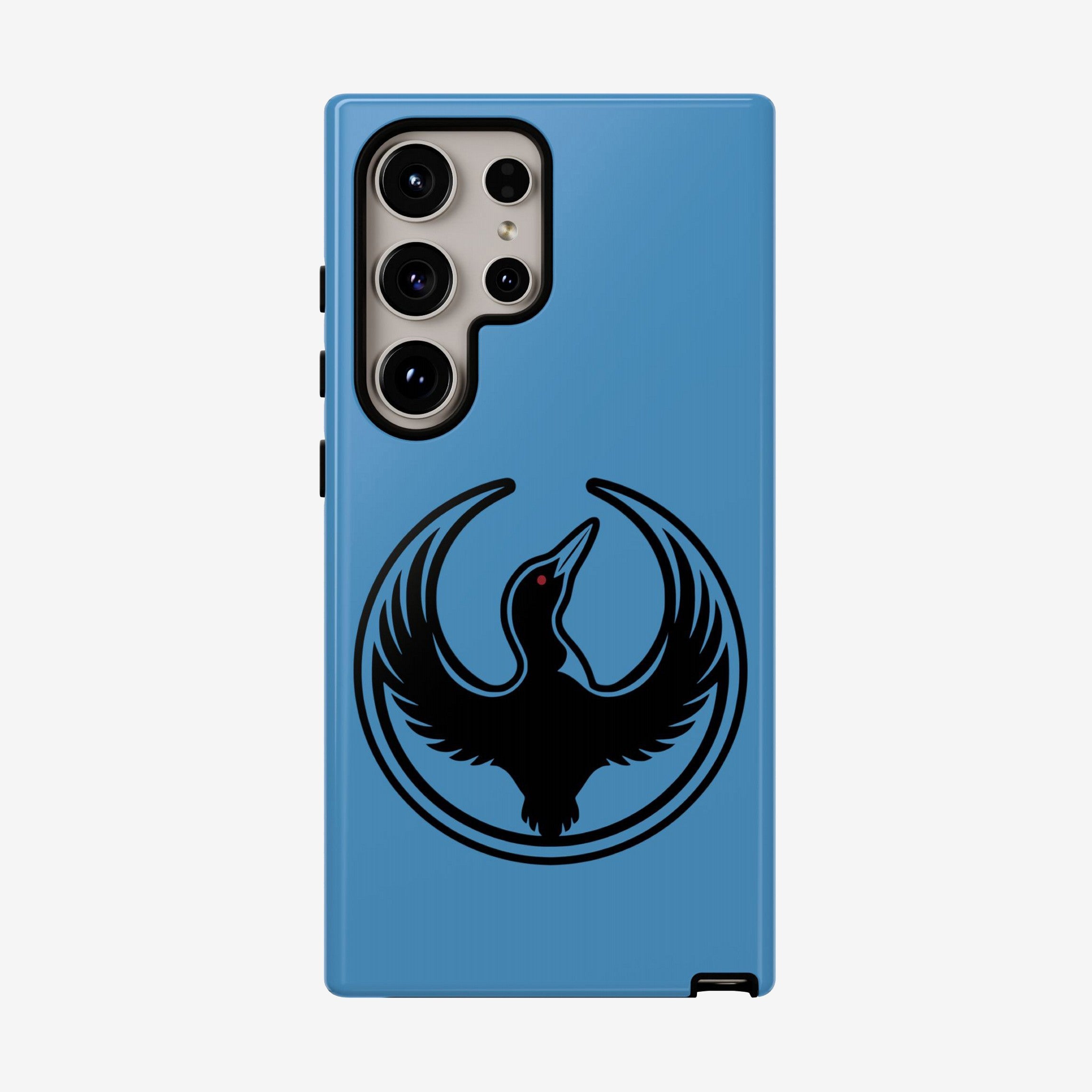 Minnesota Rebel Alliance Samsung Tough Phone Case featuring a loon emblem with outstretched wings, encased in a light-blue protective shell, suitable for Galaxy S20-S25 models, highlighting support for equality and resistance.
