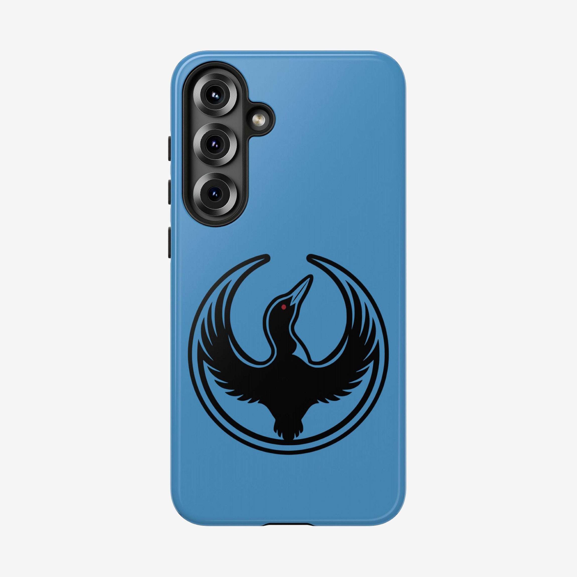 Minnesota Rebel Alliance Samsung Tough Phone Case features a black loon with outstretched wings and a red eye, symbolizing resistance. Designed by Bernie Anderson for S20-S25 models, supporting wireless charging.