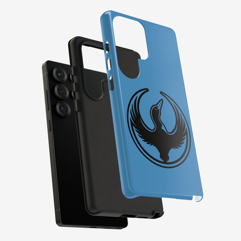 Exploded view of the Minnesota Rebel Alliance Samsung Tough Phone Case, featuring a triple-lens camera cutout, black TPU bumper, and hard blue back-cover with a stylized black loon logo.