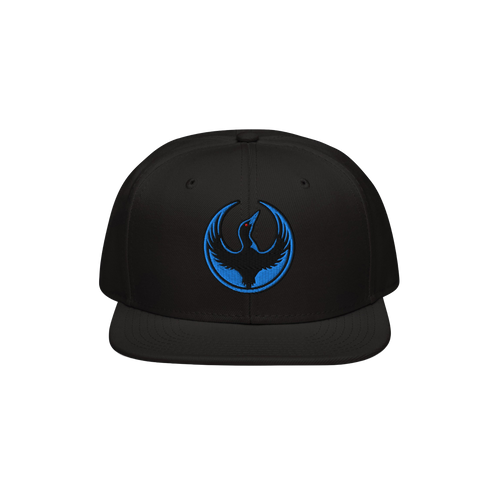 The Minnesota Rebel Alliance Hat features a black snapback cap with a bright blue embroidered bird emblem, symbolizing protes