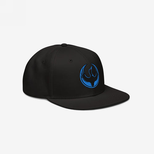 Minnesota Rebel Alliance Hat: A black snapback cap featuring an embroidered blue bird emblem with outstretched wings, symbolizing resistance and equality, ideal for supporters of social justice and community solidarity.