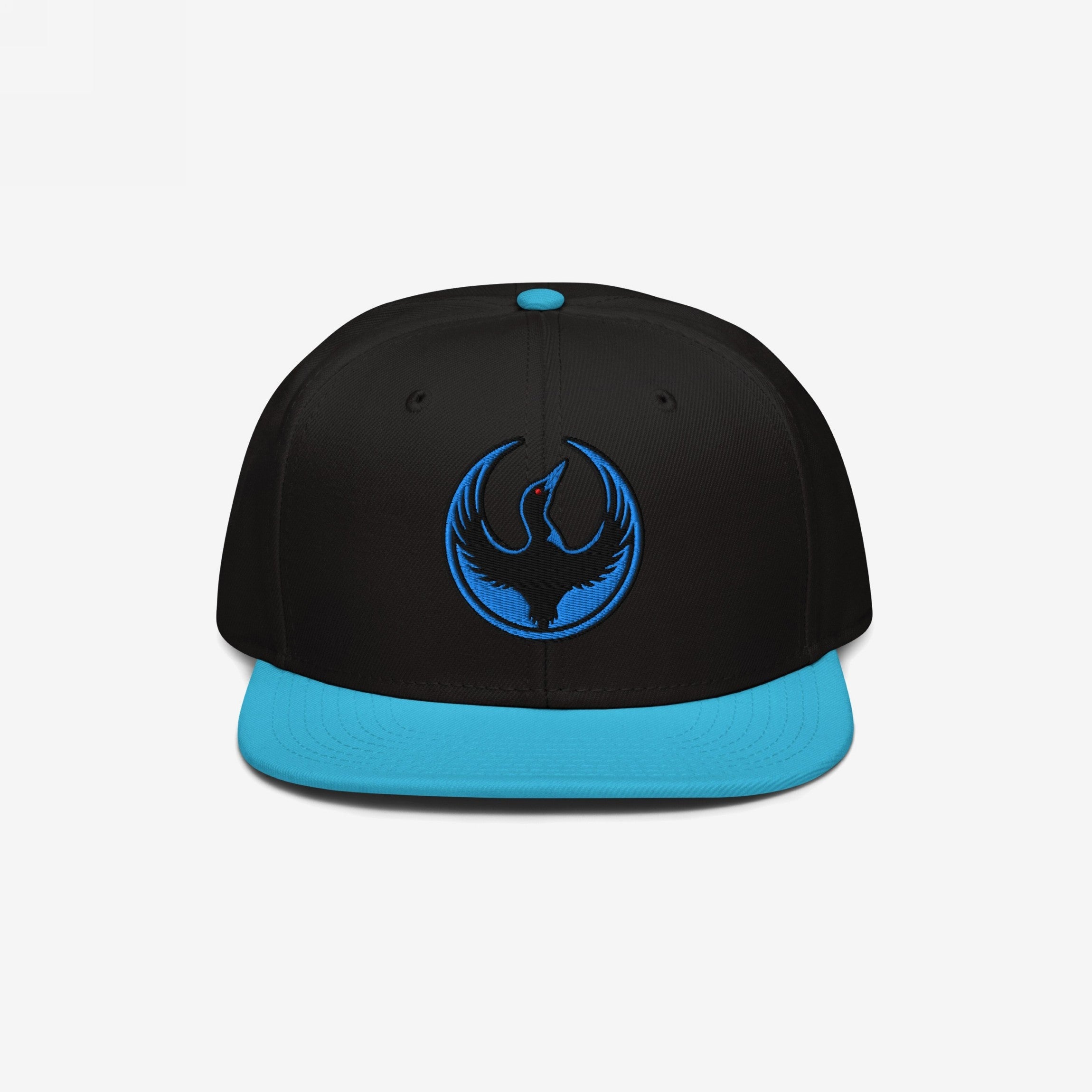 Minnesota Rebel Alliance Hat: A two-tone snapback with a black crown and cyan-blue bill, featuring an embroidered roundel of a stylized bird, symbolizing anti-fascist and immigrant rights advocacy.