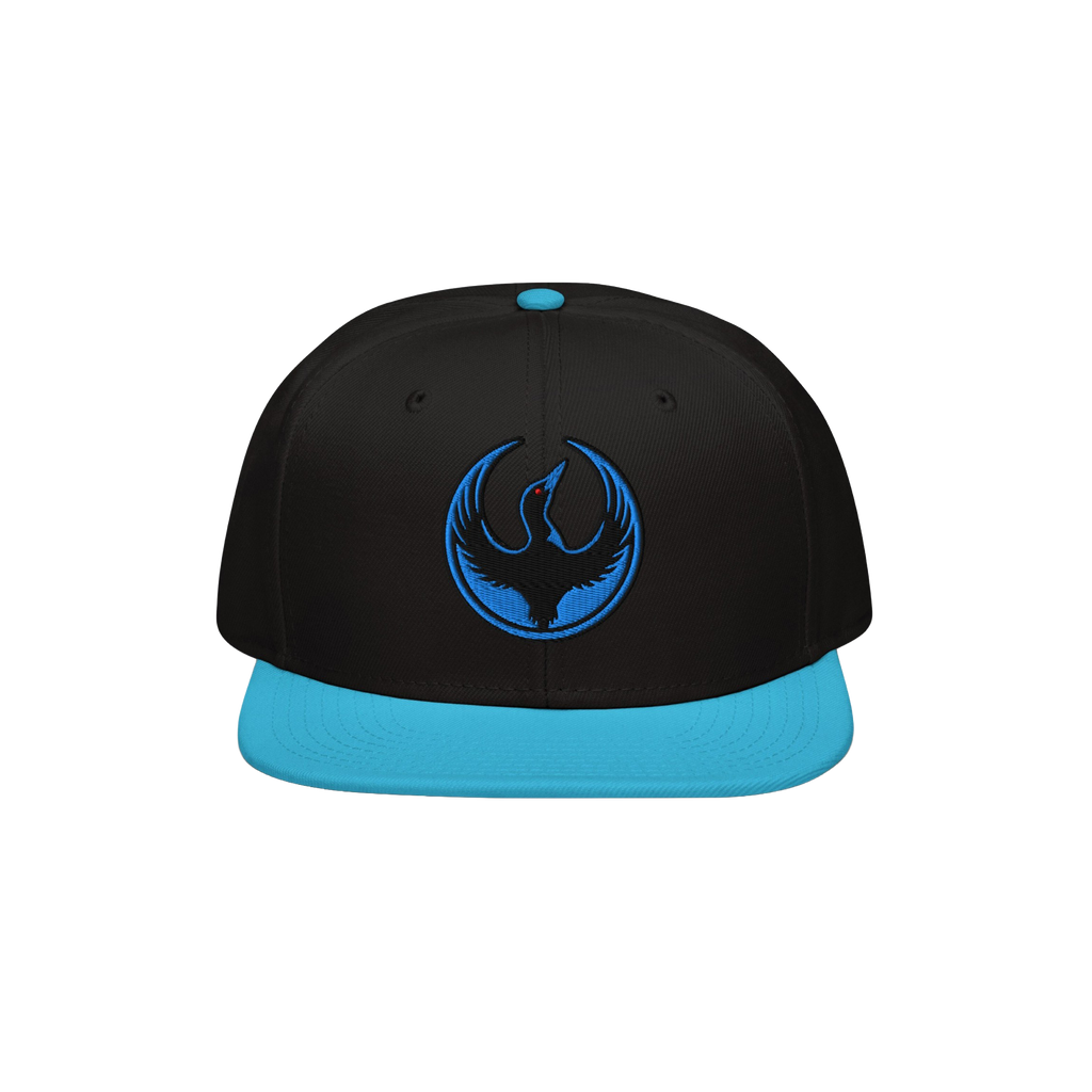 Minnesota Rebel Alliance Hat: A two-tone snapback with a black crown and cyan-blue bill, featuring an embroidered roundel of 