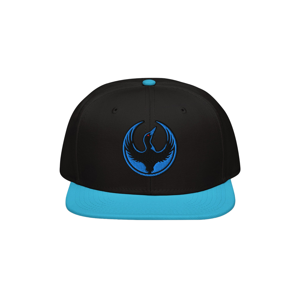 Minnesota Rebel Alliance Hat: A two-tone snapback with a black crown and cyan-blue bill, featuring an embroidered roundel of 