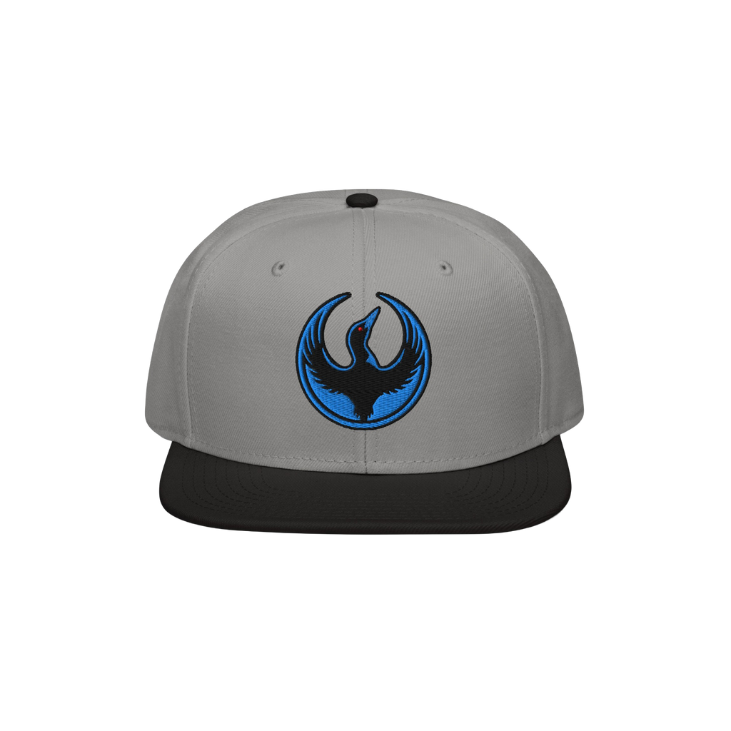 The Minnesota Rebel Alliance Hat features a light gray crown, black brim, and an embroidered emblem of a stylized bird, symbo