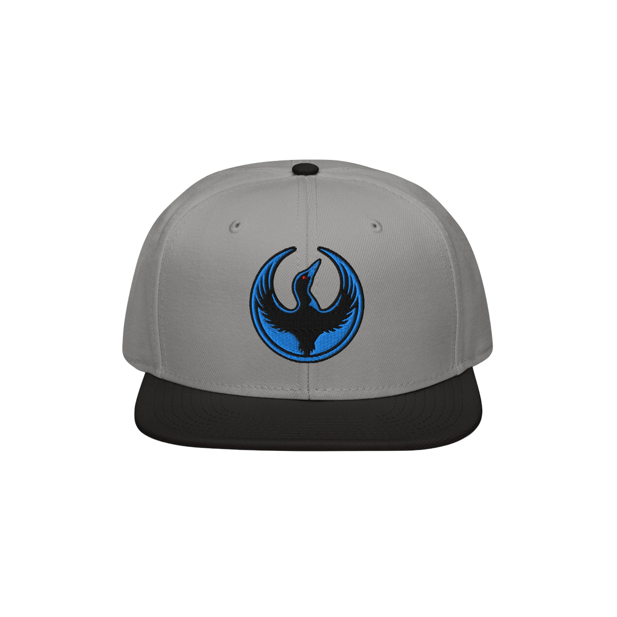 The Minnesota Rebel Alliance Hat features a light gray crown, black brim, and an embroidered emblem of a stylized bird, symbo
