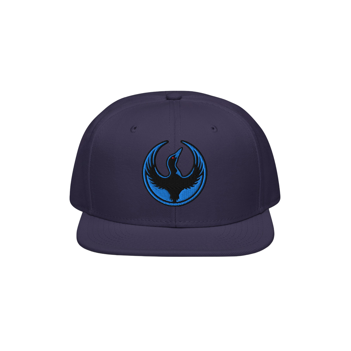 Minnesota Rebel Alliance Hat: A navy-blue snapback cap featuring a stylized phoenix-like bird logo with upraised blue wings, 
