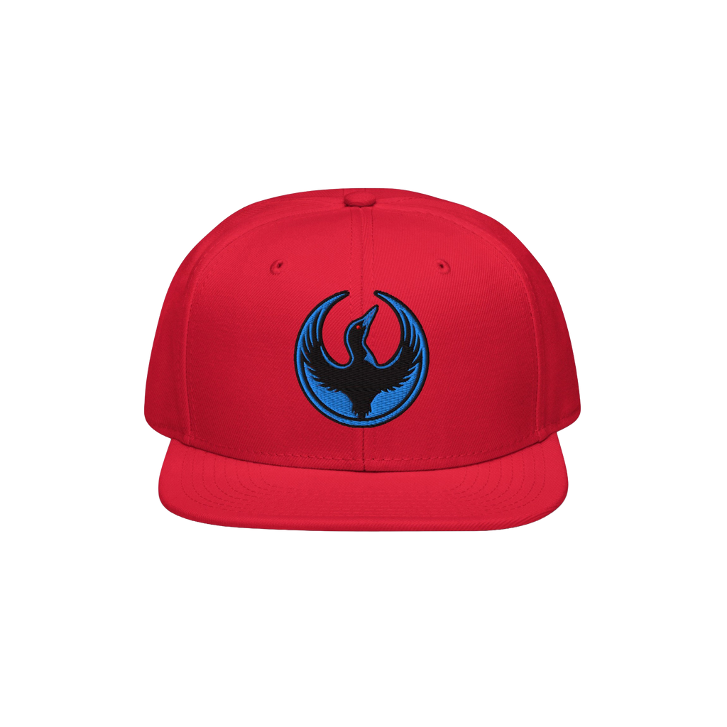 Minnesota Rebel Alliance Hat: Red snapback cap with a flat brim and embroidered black and blue phoenix emblem, symbolizing su