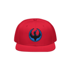 Minnesota Rebel Alliance Hat: Red snapback cap with a flat brim and embroidered black and blue phoenix emblem, symbolizing su