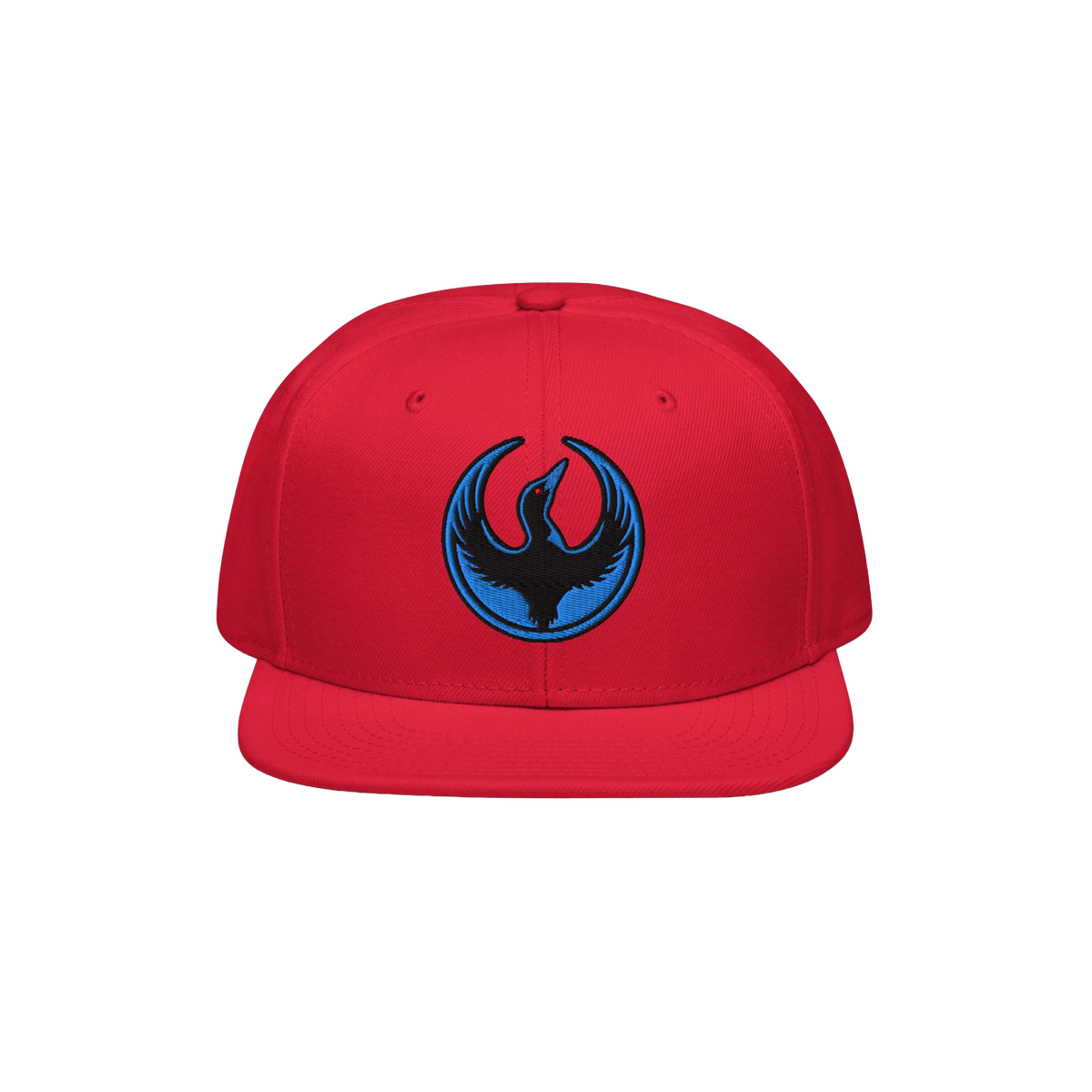 Minnesota Rebel Alliance Hat: Red snapback cap with a flat brim and embroidered black and blue phoenix emblem, symbolizing su