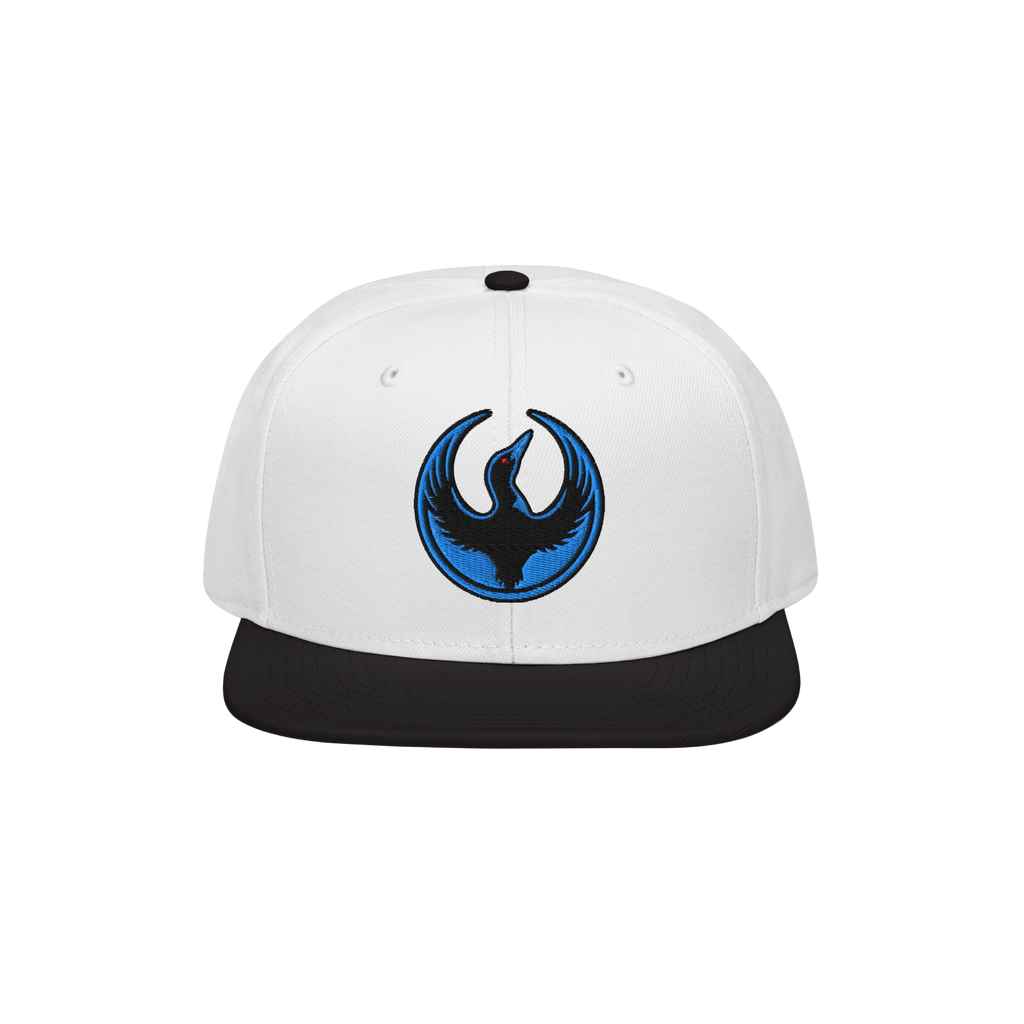 Minnesota Rebel Alliance Hat featuring a flat-brim snapback style with a white crown, black visor, and an embroidered emblem 