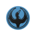 Minnesota Rebel Alliance Sticker featuring Bernie Anderson’s stylized loon logo, a black bird in flight on a blue circular 