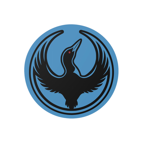 Minnesota Rebel Alliance Sticker featuring Bernie Anderson’s stylized loon logo, a black bird in flight on a blue circular 