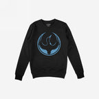 Minnesota Rebel Alliance Hoodie & Sweatshirt featuring a bold, sky-blue stylized bird graphic with outstretched wings on a black crewneck, symbolizing support for immigrant rights and equality.