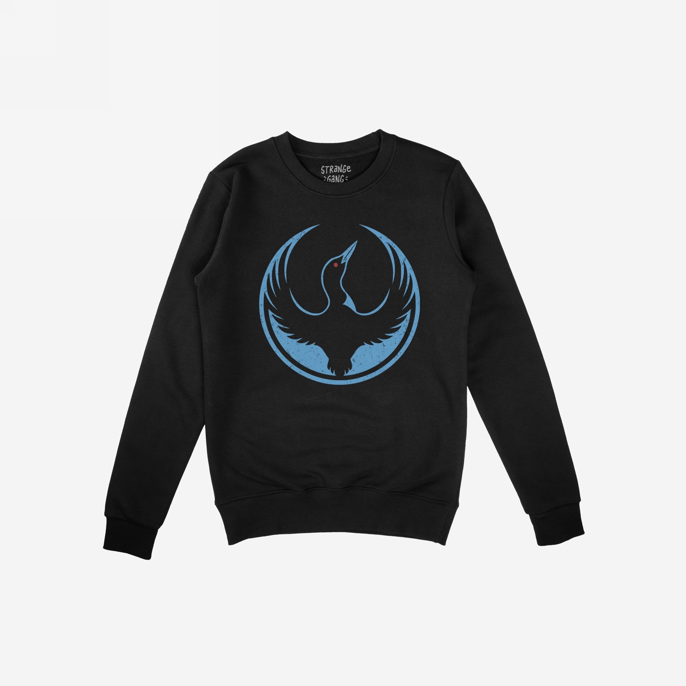 Minnesota Rebel Alliance Hoodie & Sweatshirt featuring a bold, sky-blue stylized bird graphic with outstretched wings on a black crewneck, symbolizing support for immigrant rights and equality.