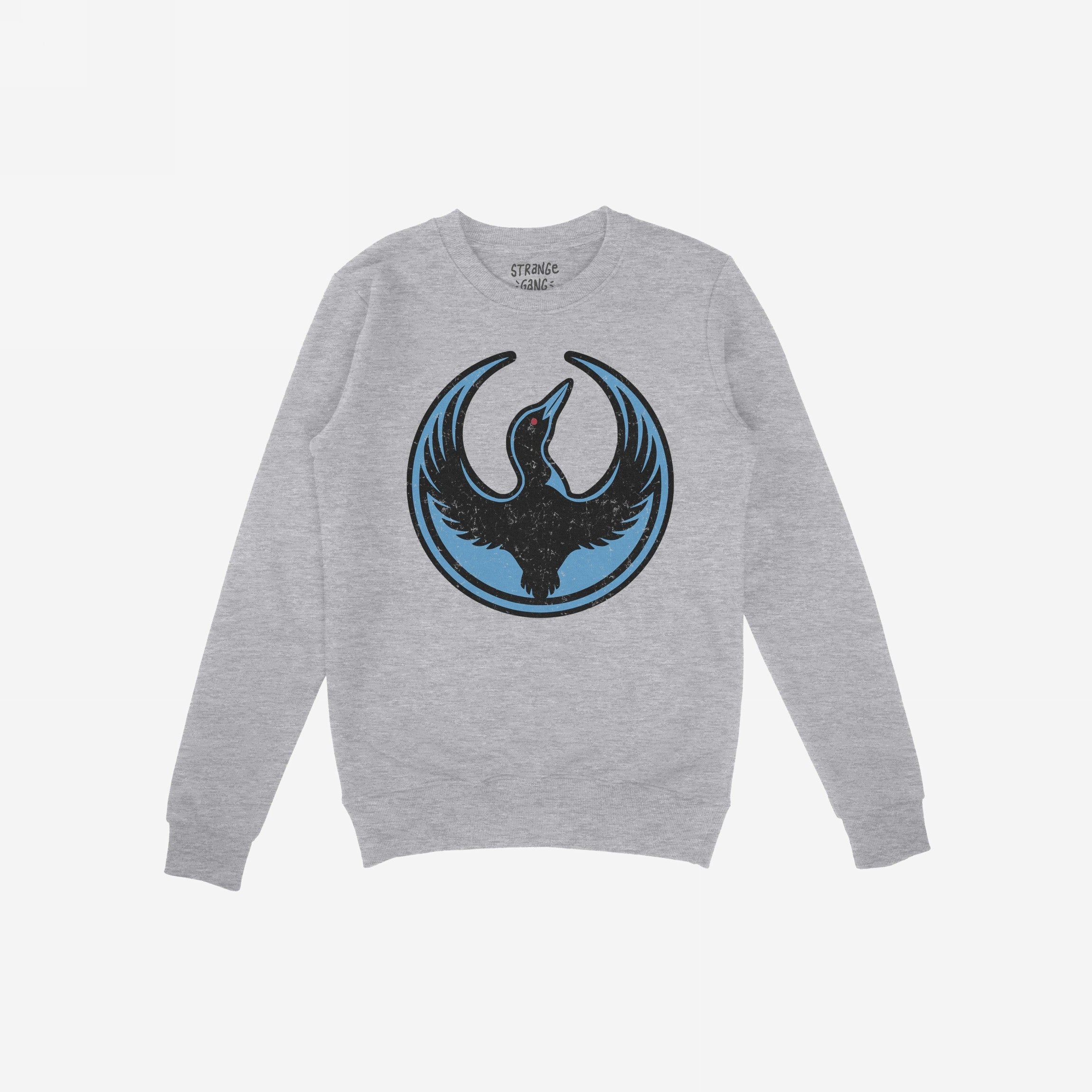 Heather-gray crewneck sweatshirt with the Minnesota Rebel Alliance loon symbol in black and blue. This bold design, by Bernie Anderson, reflects support for immigrant rights and equality.