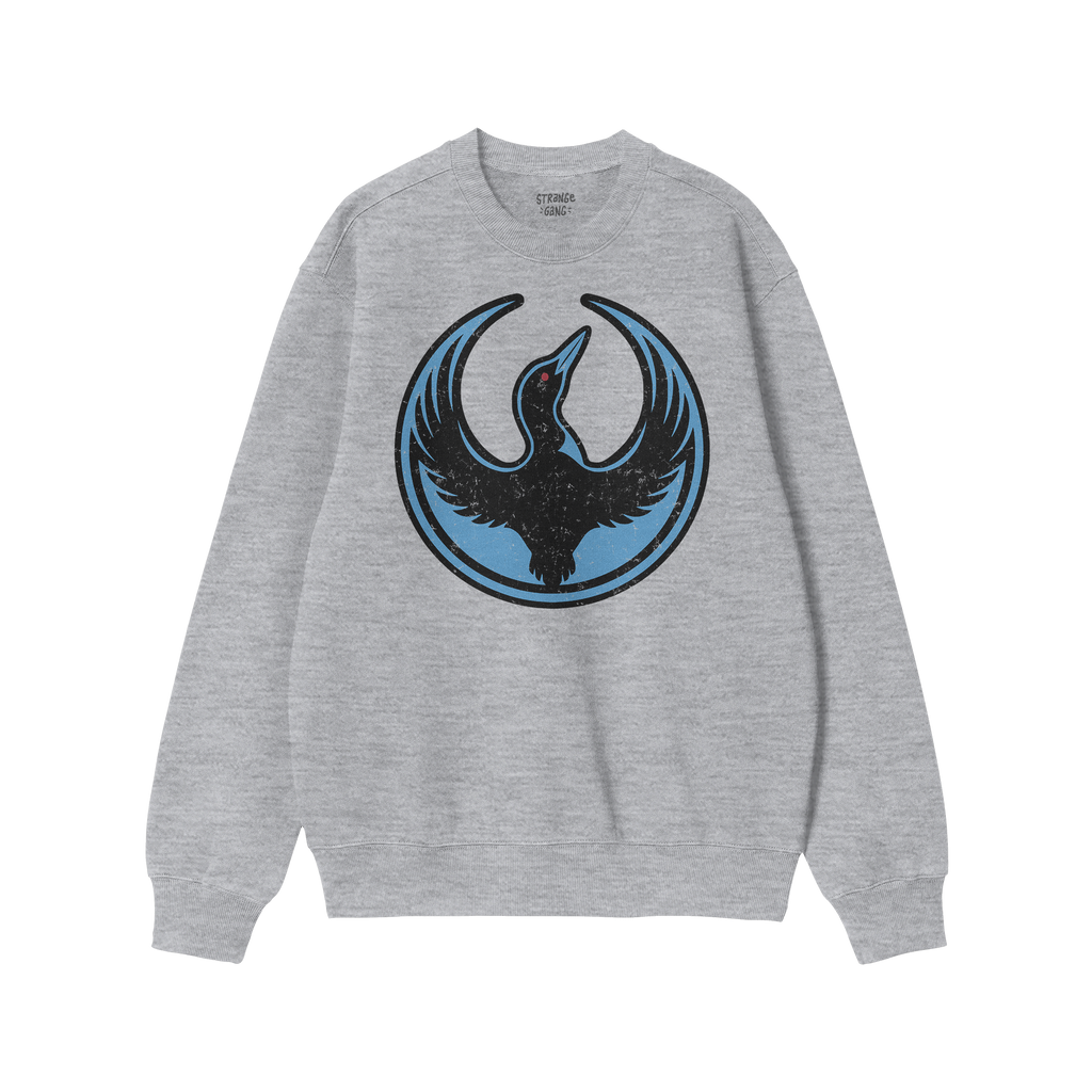 Heather-gray crewneck sweatshirt with the Minnesota Rebel Alliance loon symbol in black and blue. This bold design, by Bernie
