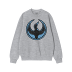 Heather-gray crewneck sweatshirt with the Minnesota Rebel Alliance loon symbol in black and blue. This bold design, by Bernie