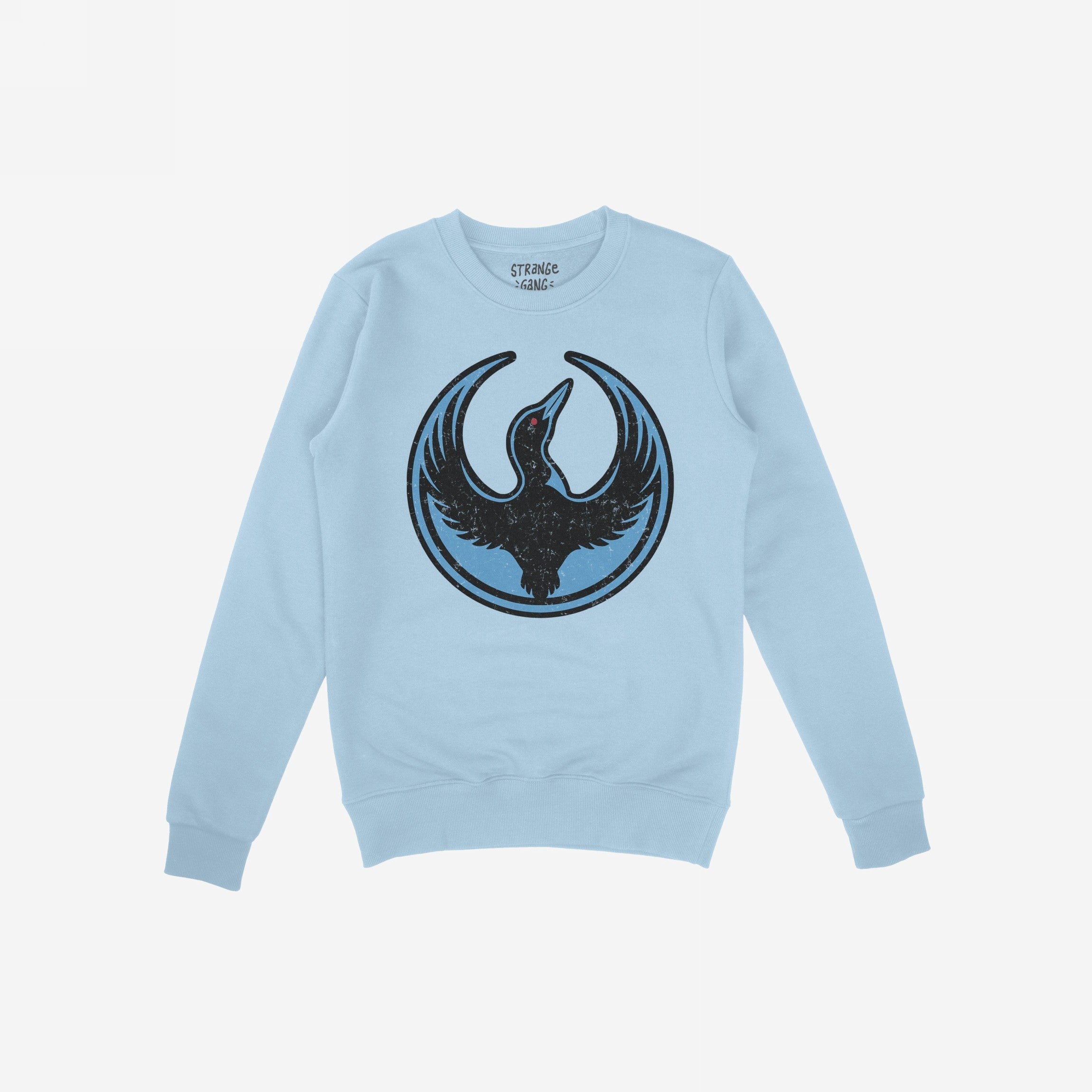 Minnesota Rebel Alliance Hoodie & Sweatshirt in light blue, featuring a distressed black bird graphic with a red eye. Perfect for advocates of equality and immigrant rights, this sweatshirt symbolizes bold activism.