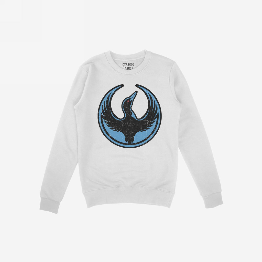 White crewneck sweatshirt featuring the Minnesota Rebel Alliance Hoodie & Sweatshirt design: a black bird emblem with outstretched wings on a distressed blue circle, symbolizing support for immigrant rights and equality.