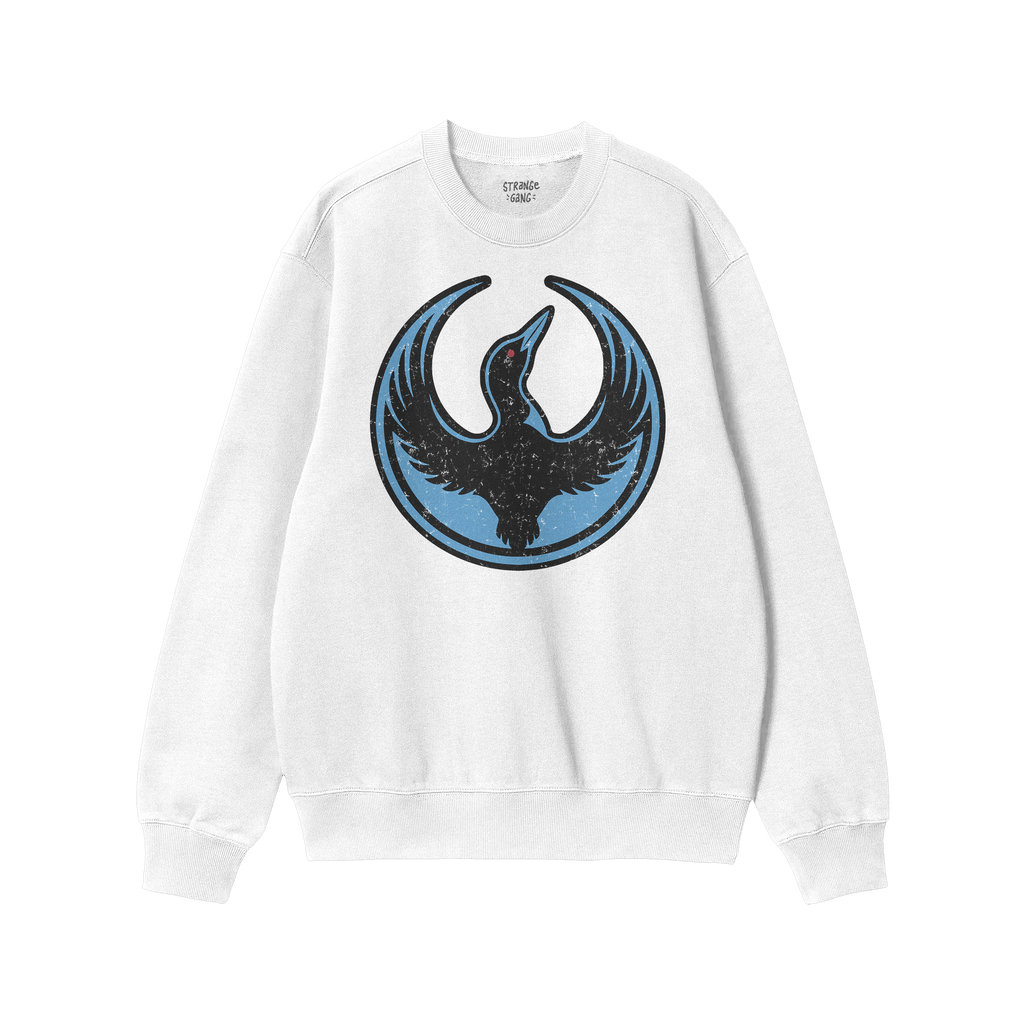 White crewneck sweatshirt featuring the Minnesota Rebel Alliance Hoodie & Sweatshirt design: a black bird emblem with outstre
