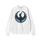 White crewneck sweatshirt featuring the Minnesota Rebel Alliance Hoodie & Sweatshirt design: a black bird emblem with outstre